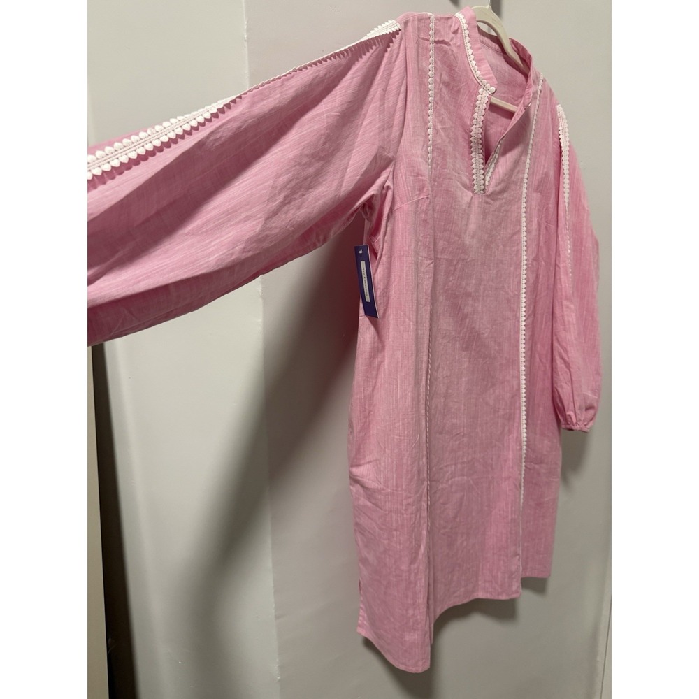 Pink Cotton Linen Shift Tunic Dress White Trim Pockets Side Zip Resort XXL NWT - Picture 2 of 15